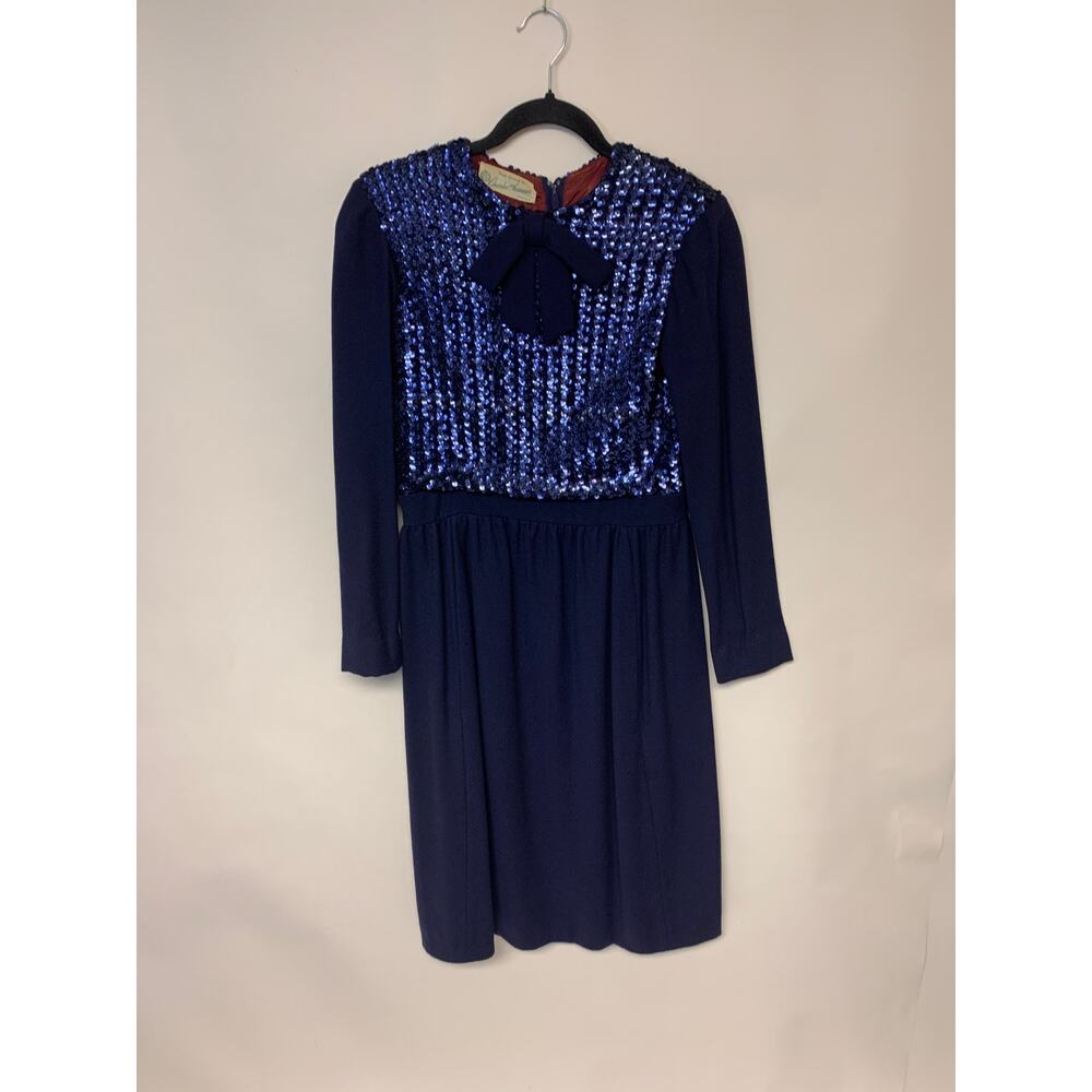 Vintage Cocktail Dress Sequin Bodice 60s Classic Elegant Navy Womens SZ 10